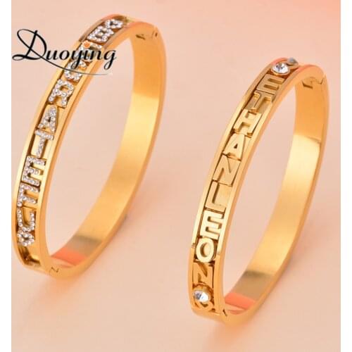 Duoying 316L Stainless DIY Slider Charms Bangles Name Bracelets Zirconia Letters Bangles Slider Bangle Personalized Bangles