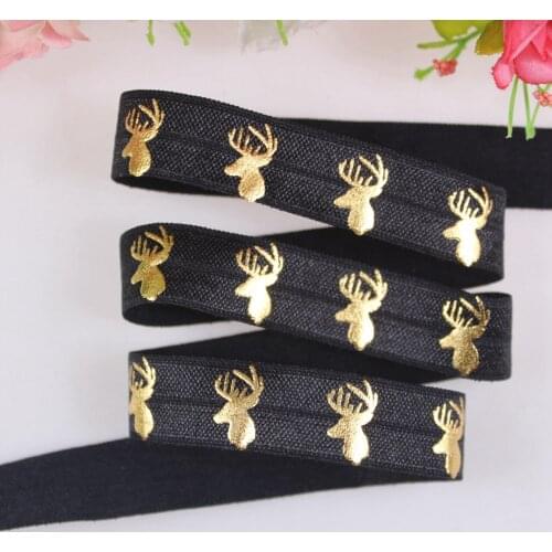 New design 5/8" gold foil deer printed foe elastic ribbon,black 50yards/lot