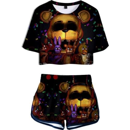 Five Nights at FNAF Two Piece Set Summer Cartoon Bear Sexy T shirt Woman Shorts and Crop Top Fashion Tracksuit