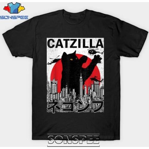 SONSPEE Catzilla Japanese Vintage Sunset Style Cat Kitten Mens Cotton T Shirt Casual Hip Hop 3D Print Women Men Tee Tops Shirts