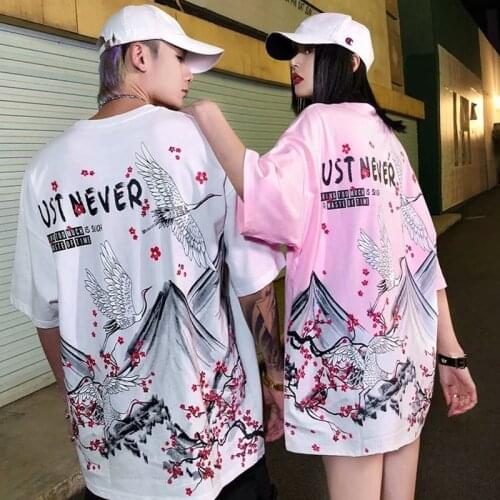 2021 new summer national tide Chinese style crane short-sleeved female loose half-sleeved hip-hop y2k couple T-shirt streetwear