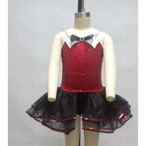 New Shining Red Sequin Bodice Black Leotard Child Ballet Tutu Girls Ballerina Stage Performance Costume Kid Jazz/Tap Dance Dress