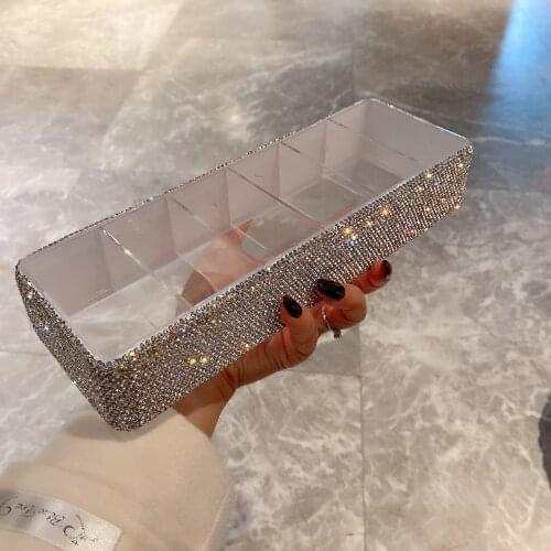 Rhinestone Makeup Organizer Box Acrylic Grid Storage Home Office Desktop Organizer Cosmetic Box Space Saver Storage Bins