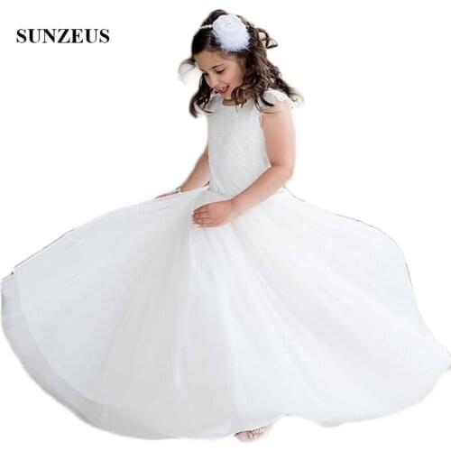 Cap Sleeve A-Line Ivory Flower Girls Dresses Scoop Lace Wedding Party for Children Beaded vestidos comunion manga larga SF47