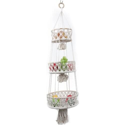 50LB Hanging Fruit Basket 3 Tier Woven Cotton Rope Wall Baskets Kitchen Produce Storage Organizer Plant Holder
