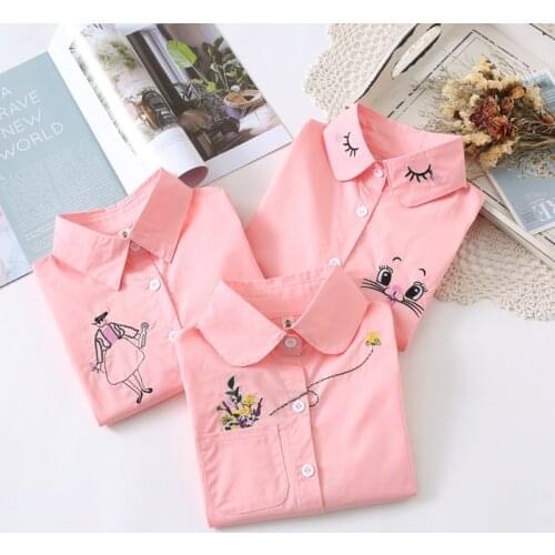 Spring 2020 Girls Shirts Pink Cute Long Sleeves Children White Shirt Cartoon Cat Baby Girl Blouse Kids Clothes Girls 8 To 12 Yrs