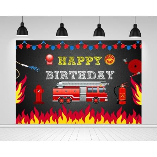 Scopiso Happy Birthday Fire Truck Backdrop for Photography Party Theme Decoration Supplies Background Photo Studio Prop
