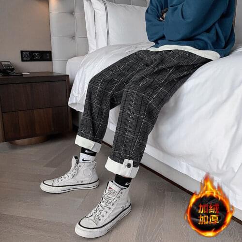 2021 Korean Mens Casual Harem Pants Winter Fleece Thicken Men Black Plaid Pants Streetwear Man Straight Pant