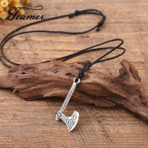 Teamer Nordic Vikings Necklace Rune Axe Amulet Compass Scandinavian Necklace Sun Vintage Celtics Knots Wax Cord Jewelry