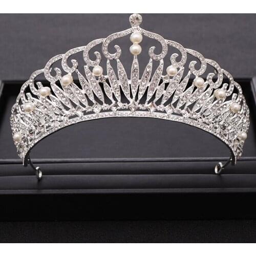 Silver color Pearl Queen Crown Wedding tiara Bridal Hair Accessories Rhinestone Women Head Jewelry Prom Dress Hair Jewelry