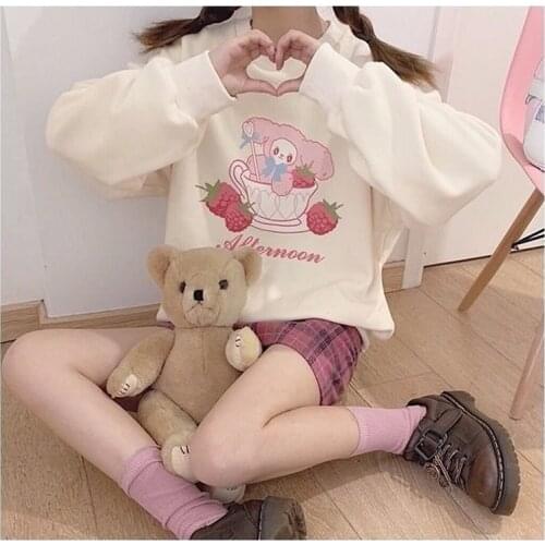 Deeptown Kawaii Hoodies Women Winter Fashion Cute Anime Hoodies Plus Velve Oversized Casual Long Sleeve Tops Print Sweatshirt