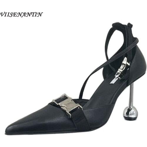 Pointed High Heels 2021 New Summer Hollow Black Special-shaped High-heeled Metal Belt Buckle Foot Surround Belt Single Shoes