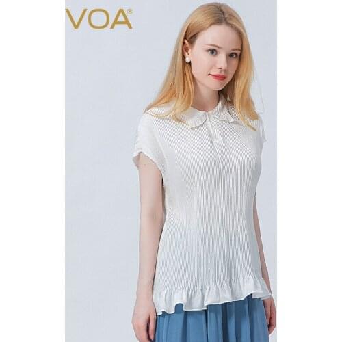 VOA Silk Jacquard Ivory White Tops Vertical Pattern Pleated Doll Collar Two-button Hedging Ruffled Shoulder Sleeve T-shirt BE627