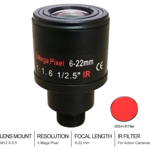 5.0Megapixel Varifocal 6-22mm CCTV Camera Lens 1/2.5" For Security Cameras HD IP Cameras F1.6 M12 Mount for Action Camera