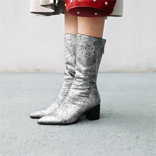 YMECHIC 2018 Fashion Print Classic Retro Chunky High Heel Mid Calf Boots Female Ladies Plus Size Pointed Toe Winter Women Shoes