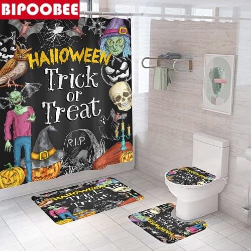 Halloween Shower Curtains Day of The Dead Bathroom Curtain Set Nightmare Before Christmas Non-Slip Rug Toilet Cover and Bath Mat