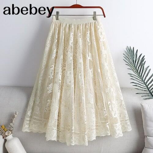 Vintage Womens Lace Crochet Umbrella Long Skirts 2021 High Waist Hollow Out Bohemian Female Maxi Skirts Spring Summer