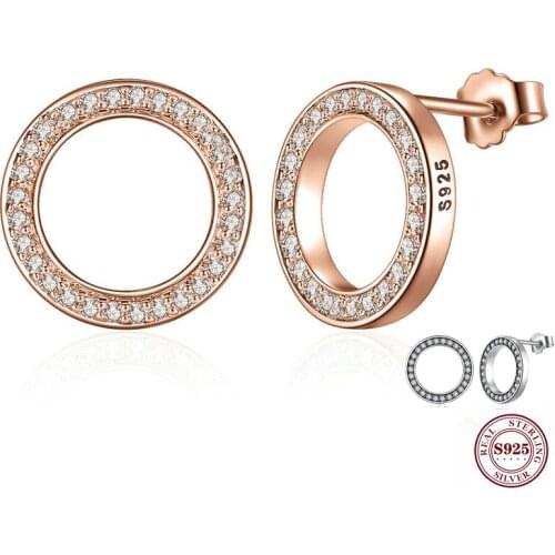 DoDoFly S925 Sterling Silver & Rose Gold Color Forever Stud Earrings With Clear CZ Rings For Women Original Fine Jewelry Gift