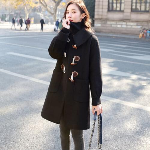 Womens mid-length woolen coat autumn and winter horns buttoned woolen casual fashion loose coat
