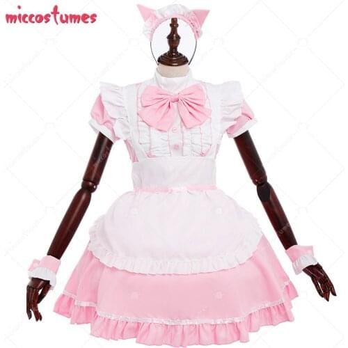 Women Cat Ear French Maid Costume with Apron for Halloween Cosplay