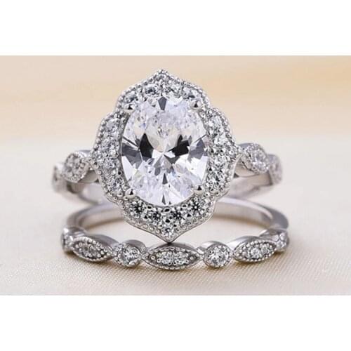 Vintage 925 Sterling Silver Oval Cut Created Moissanite Gemstone Wedding Engagement Bohemia Womens Ring Set Fine Jewelry Gift