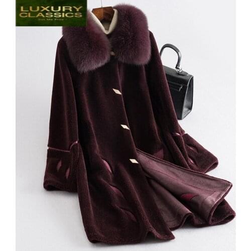 Fur Coat Female Real Fox Fur Collar Sheep Shearing Jacket Women Clothes 2021 Winter Pink Coat Korean Vintage Wool Top 019