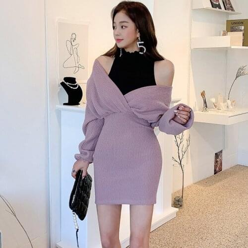 2021 New Winter Fashion Temperament casual ladies dress Long sleeve slim V-neck dress ladies knitting short dress