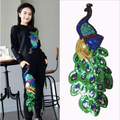 1pcs Colorful Sequin Peacock Embroidery Fabric Large Applique Patch African Lace Iron On Dress Cloth Decorate Accessory Diy