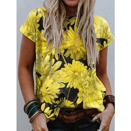 2021 Summer Casual Short Sleeve Floral Women T-shirt Fashion Oversized Chrysanthemum O-neck Pullover Loose Tops