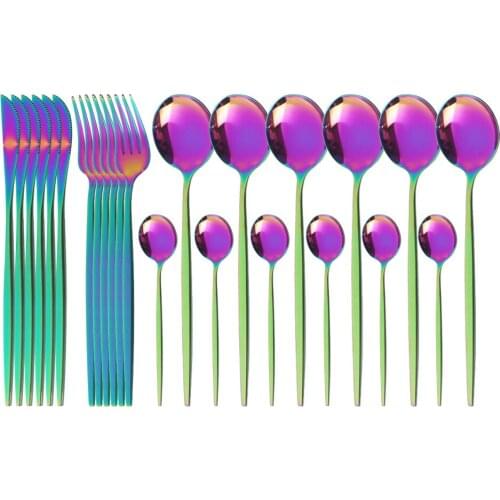 24Pcs/set Stainless Steel Dinner Rainbow Dinnerware Set Knife Fork Coffee Spoon Cutlery Set Kitchen Tableware Silverware Sets