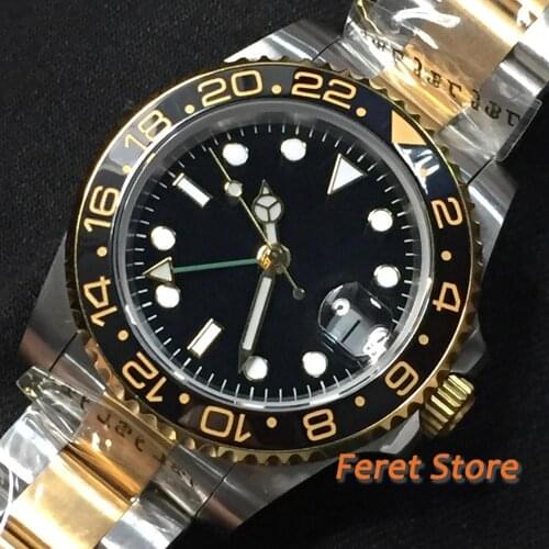 40MM Bliger Black Sterile Dial Mens Wrist Watch Golden Plated Case GMT Function Ceramic Bezel Sapphire Glass Automatic Movement