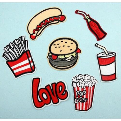7pcs Cartoon Kid Pop Food Hamburgers Coke Embroidery Iron On Patches Clothes Appliques Sew On Motif Badge DIY Clothing Bag BT122