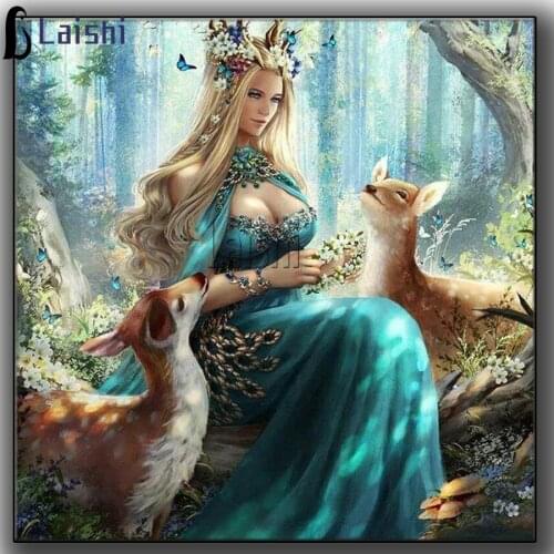 5D Diamond Embroidery Forest goddess and elk Full Square Round Rhinestone Mosaic Painting Cross Stitch Flowers Diamond Kit