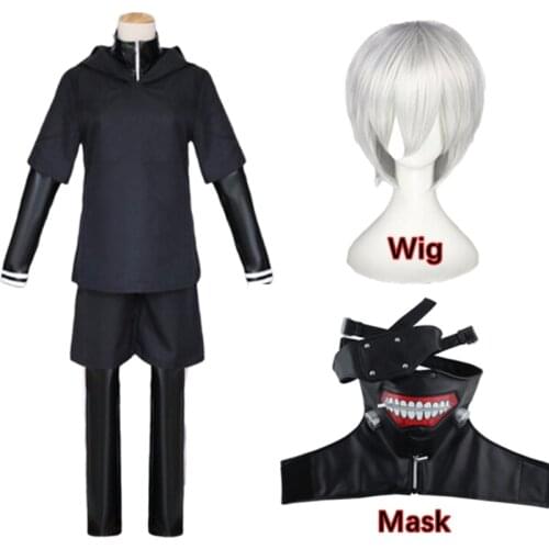 Lacauch Anime Tokyo Ghoul Kaneki Ken 3D PU Leather Costume Mask Cosplay Leather Full Costume Black Hoodie Costume Mask Wig
