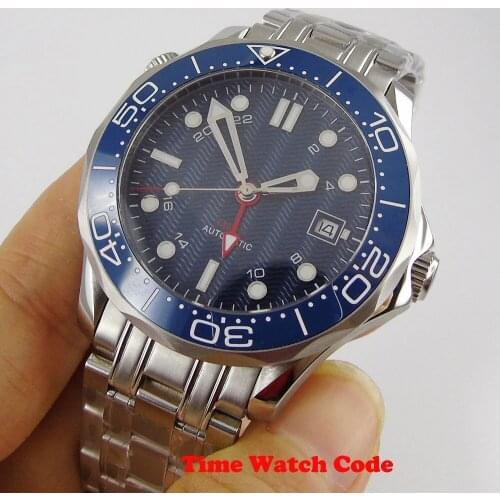 41mm Automatic Mens Wristwatch Sapphire Glass Date Display GMT Blue sterile dial ceramic bezel Insert luminous Steel Bracelet