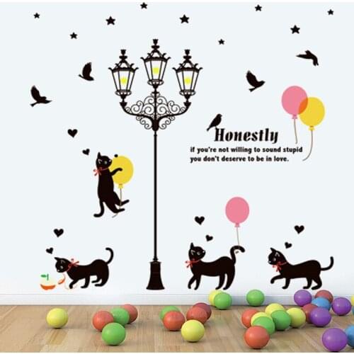 Black Street lamp Fly Bird Cat Wall Sticker Vinyl DIY Street lamp Cat Wall Decals For Kids room Kindergarten Arts Decor Murals