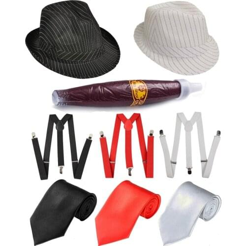 Mens 20s 1920s Gangster Set Hat Braces Tie Cigar Gatsby Costume Disfraz Mujer Accessories Fantasias Adult Men