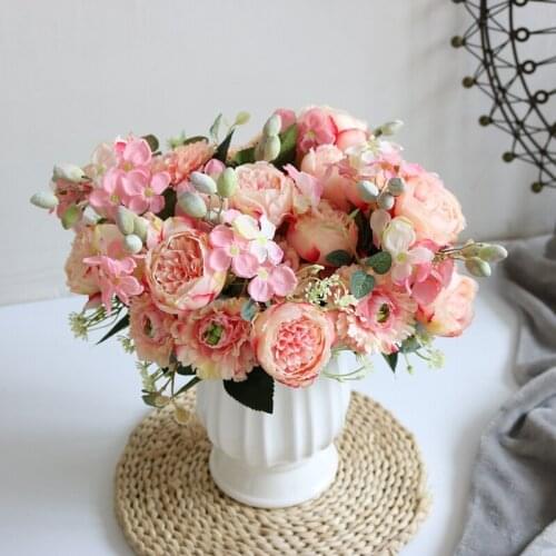 Artificial Flowers Peony Bouquet Wedding Decoration for Home Table Decor Fake Flowers Hydrangea Bride Bouquet Flores