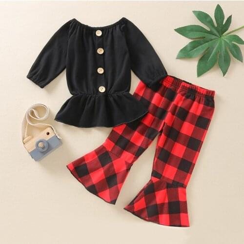 Solid color top and plaid speaker pants for children baby boy clothes set kids clothes suits for young girls