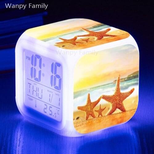 Beautiful starfish LED Alarm Clock 7 Color Glowing Digital Alarm Clock Kids Birthday Gift Multifunctio Electronic Alarm Clocks