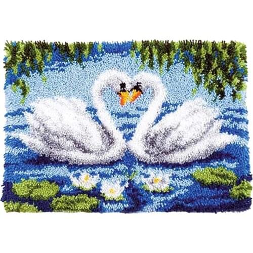 Latch Hook Kit, DIY Crochet Yarn Kits, 20.4 x 14.9 Inch Swan Lovers Rug Making Crafts for Kids Adults and Beginners