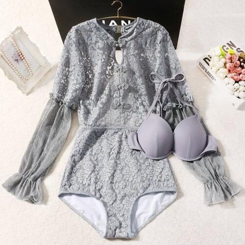 2021 New Women Retro Long Sleeve One Piece Swimwear Push Up Lace Bathing Suit Monokini Swimsuit Female Sexy Swimming Beach Wear