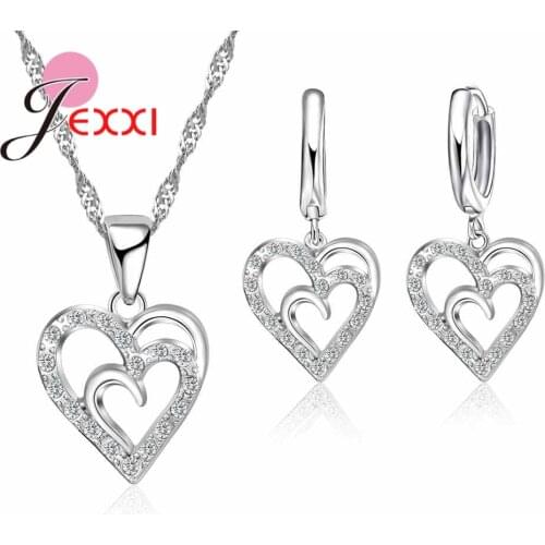 Original 925 Sterling Silver Fashion Romantic Heart in Heart Necklace Earrings Jewelry Sets for Women Femme Wedding Bijoux