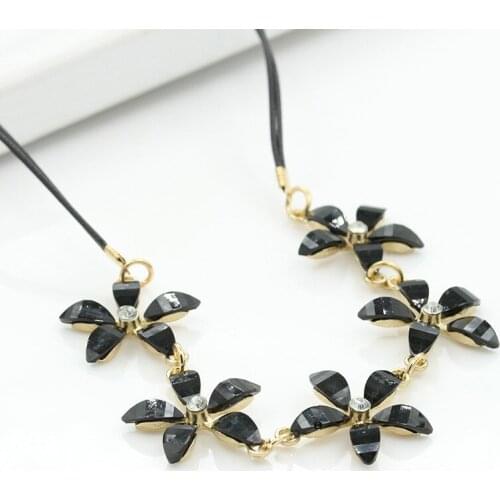 White Clear & Black Petal Crystal 5 Golden Flowers Black Band Fashion Statement Jewelry Necklace & Pendant for Women