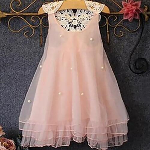 Girl Dress 1-11Y Kids Girl Summer Lace Flower Tull Mesh Princess Dress Kids Girl Sleevelss Pearl Party Dress Girl Clothing