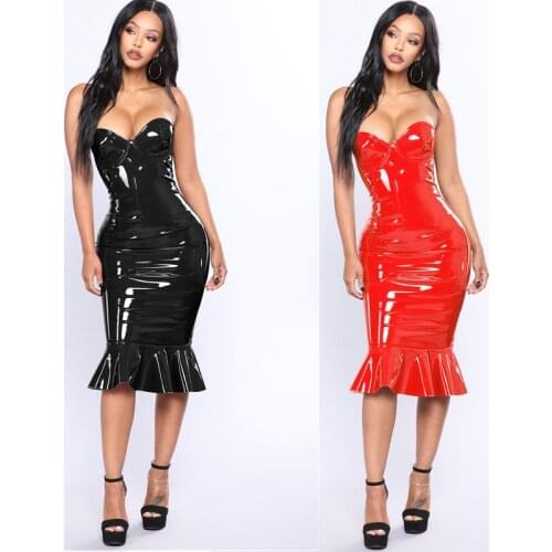 S-6XL Plus Size Red Black PVC Wet look Leather Strapless Ruffle Mermaid Bodycon Dresses Women Sexy Off Shoulder Club Party Dress