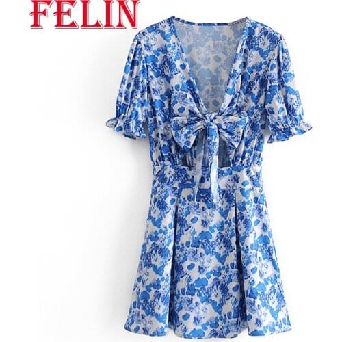 FELIN Womens Za Sundress 2021 V-Neck Ditsy Floral Printed Bow TieSexy Puff Sleeve Fmale Stain Dresses Mujer Vestidos