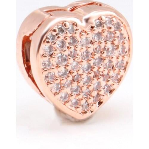 925 Silver Valentines Day R Series Rose Gold Love Heart Full Inlaid Zircon Heart-shaped Fixing Clip Fit Original Bracelet