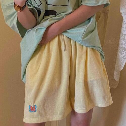 Butterfly embroidery shorts female ins Korean loose casual preppy style kawaii elastic waist shorts vintage Harajuku new shorts