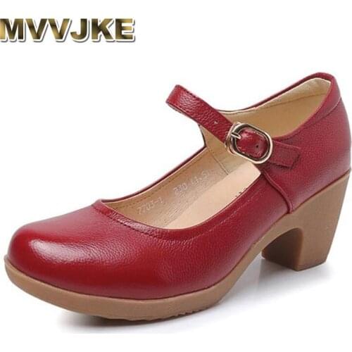 MVVJKE Genuine Leather Shoes Women Round Toe Pumps Sapato feminino High Heels Shallow Fashion Black Work Shoe Plus Size 33-43